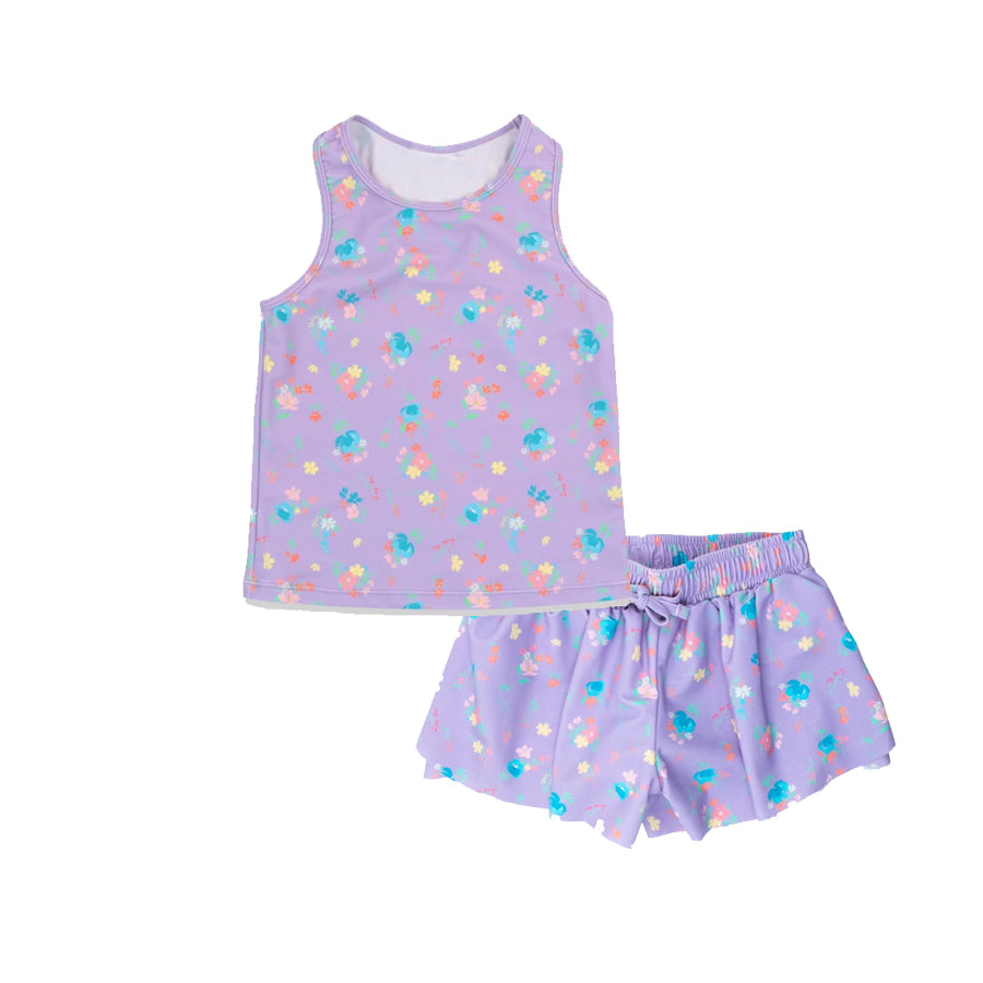 Preorder Baby Girl Sleeveless Floral Shirt Shorts Yoga Active Purple Set ( Moq 5 )