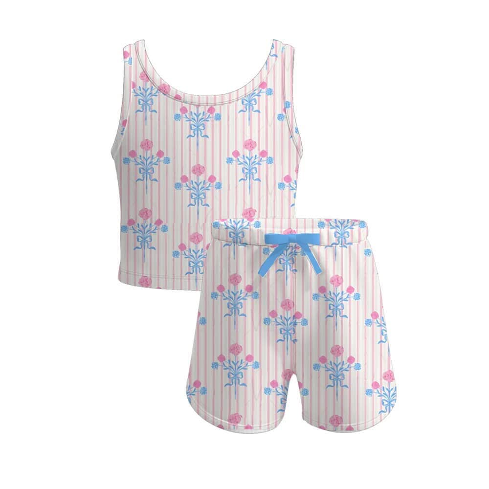 Preorder Baby Girl Sleeveless Flower Stripes Tops Shorts Set  ( Moq 5 )