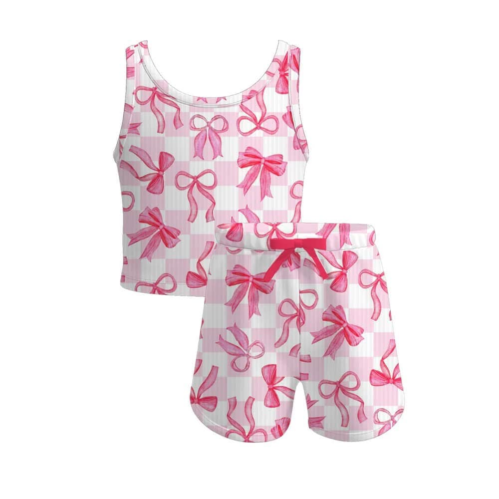 Preorder Baby Girl Sleeveless  Bows Checked Tops Shorts Set  ( Moq 5 )