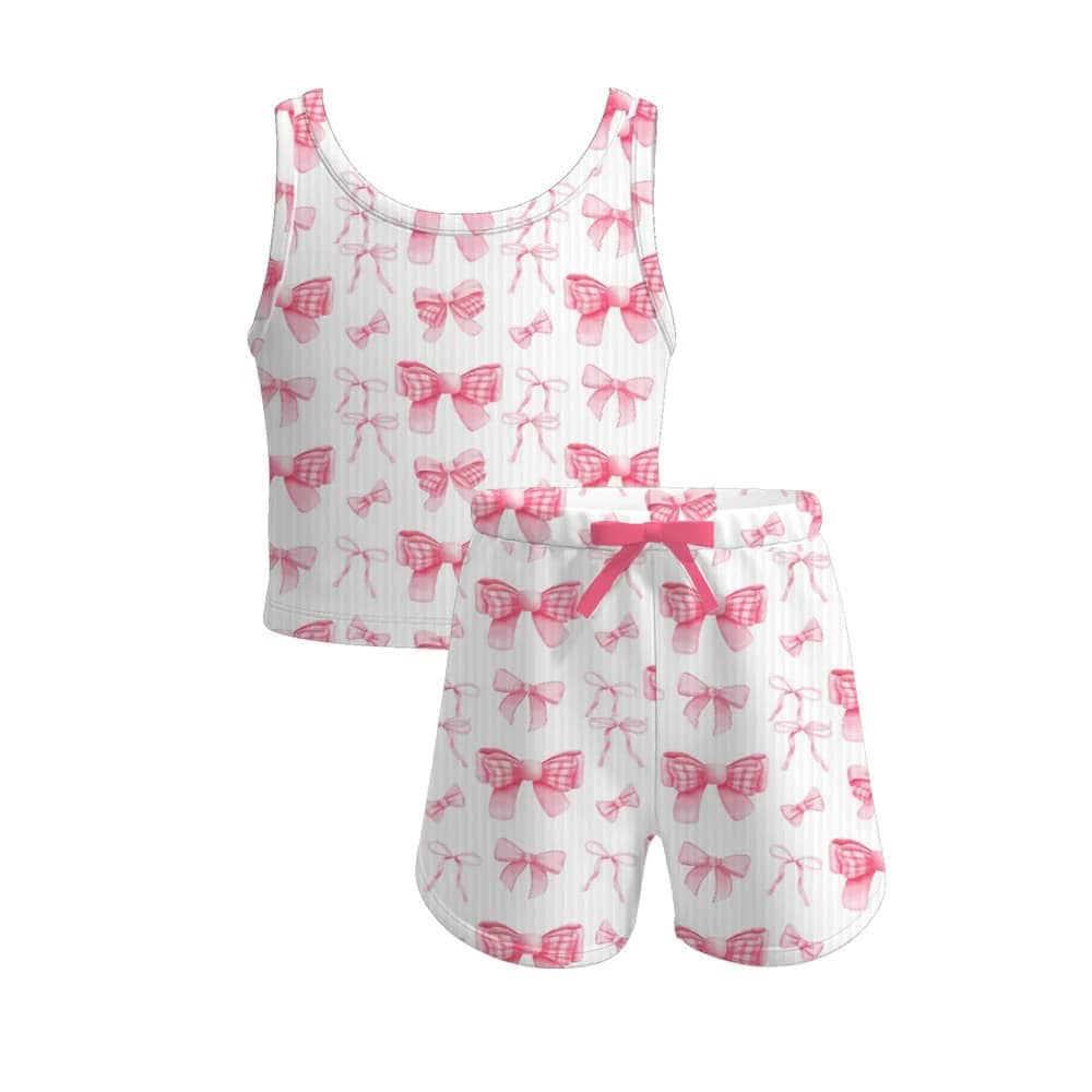 Preorder Baby Girl Sleeveless Pink Bows Tops Shorts Set  ( Moq 5 )