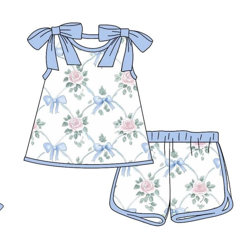 Preorder Baby Girl Straps Blue Bows Flower Shirt Shorts Set  ( Moq 5 )