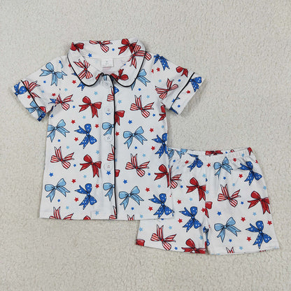 Baby Girl Short Sleeves Bows Buttons Shirt Shorts Sibling 4th Of July Pajamas Set RTS