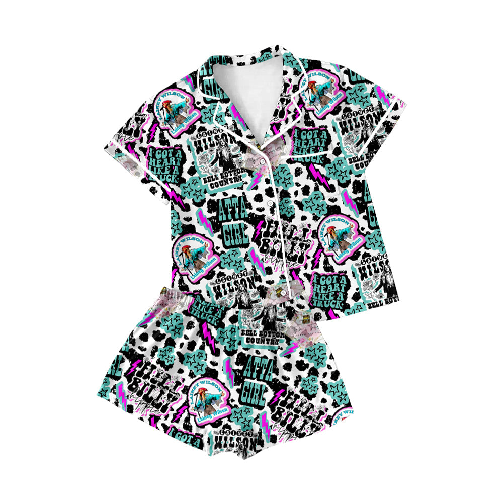 Preorder Adult Women Short Sleeves Western Buttons Pocket Shirt Shorts Pajamas Set （ Moq 5 ）