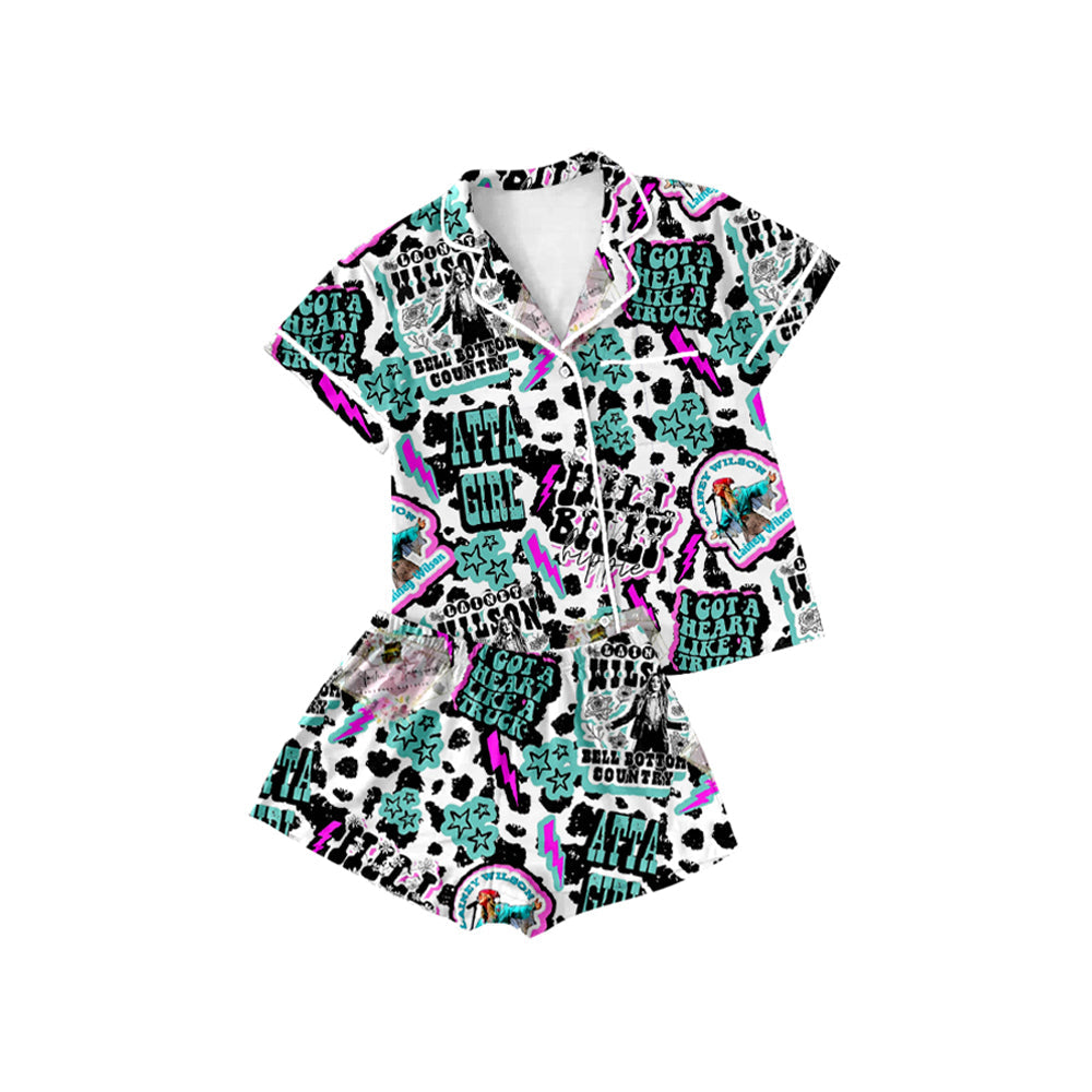 Preorder Baby Girl Short Sleeves Western Buttons Pocket Shirt Shorts Pajamas Singer Set（ Moq 5 ）