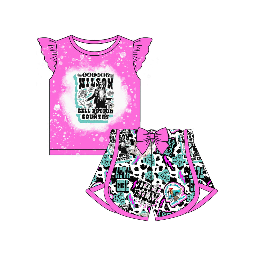 Preorder Baby Girl Short Sleeves Singer Pink Shirt Bow Shorts Set（ Moq 5 ）