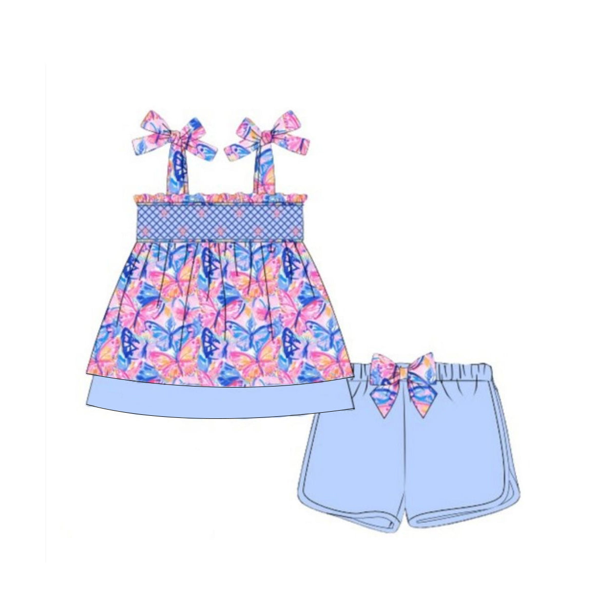Preorder Baby Girl Straps Colorful Butterfly Tunic Bow Shorts Set（ Moq 5 ）