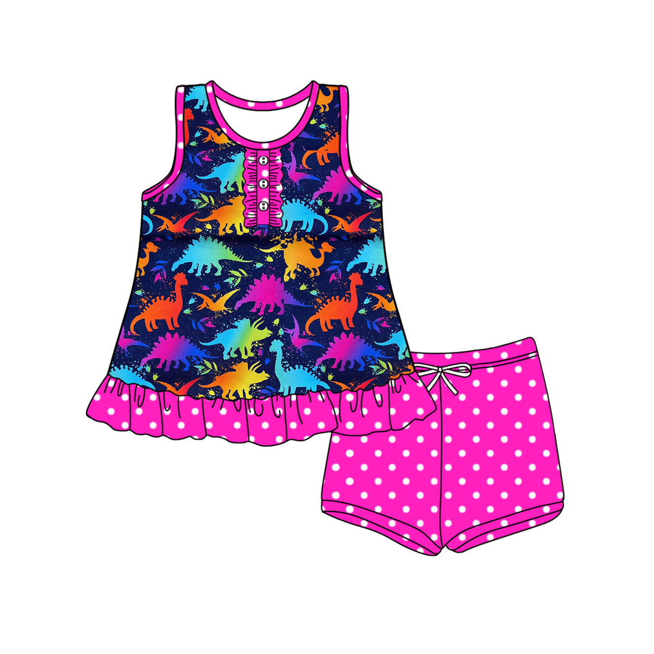 Preorder Baby Girl Sleeevless Colorful Dinosaurs Buttons Tunic Dots Shorts Set（ Moq 5 ）
