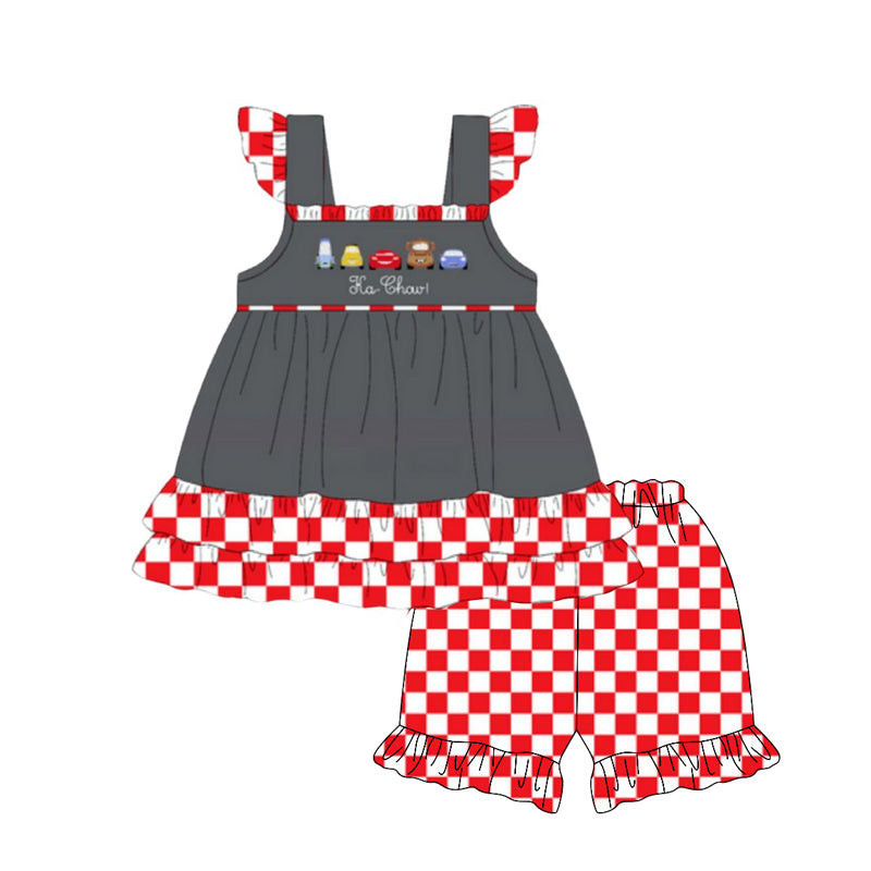 Preorder Baby Girl Cartoon Car Tunic Red Plaid Shorts Set（ Moq 5 ）