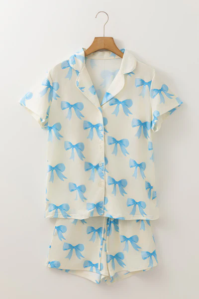 Preorder Baby Girl Short Sleeves Blue Bows Buttons Shirt Shorts Pajamas Set ( Moq 5 )