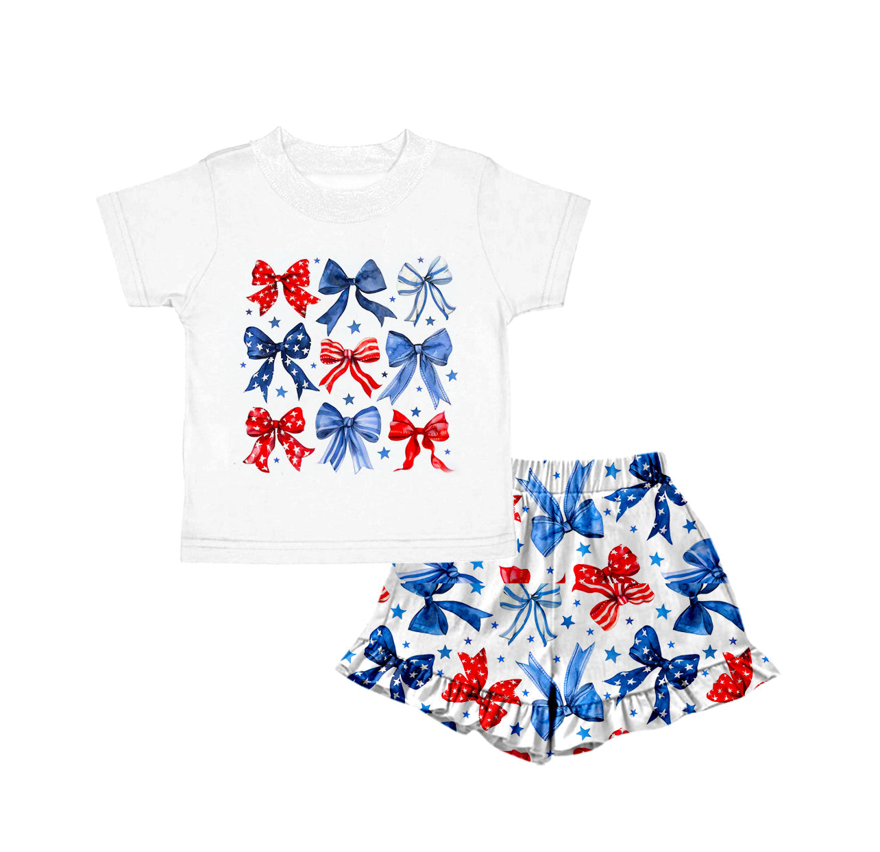 Baby Girl Short Sleeves Bows Stars Shirt Shorts 4th Of July Set RTS