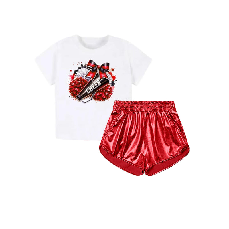 Preorder Baby Girl Short Sleeves Bows Cheer Shirt Red Leather Pockets Shorts Set ( Moq 5 )