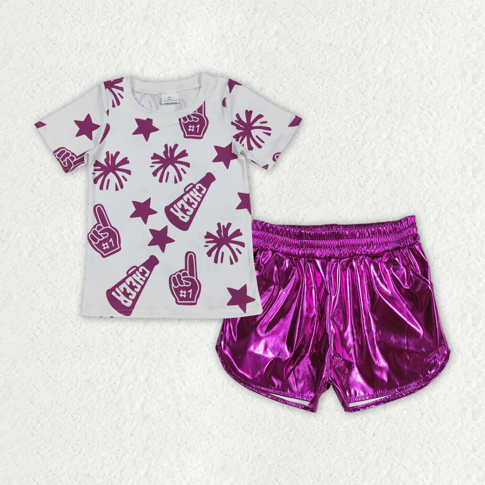 Baby Girl Short Sleeves Cheer Shirt Leather Shorts Set Sibling Summer Team Clothes RTS