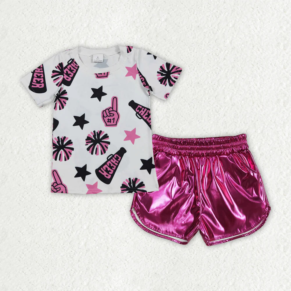 Baby Girl Short Sleeves Cheer Shirt Leather Shorts Set Sibling Summer Team Clothes RTS