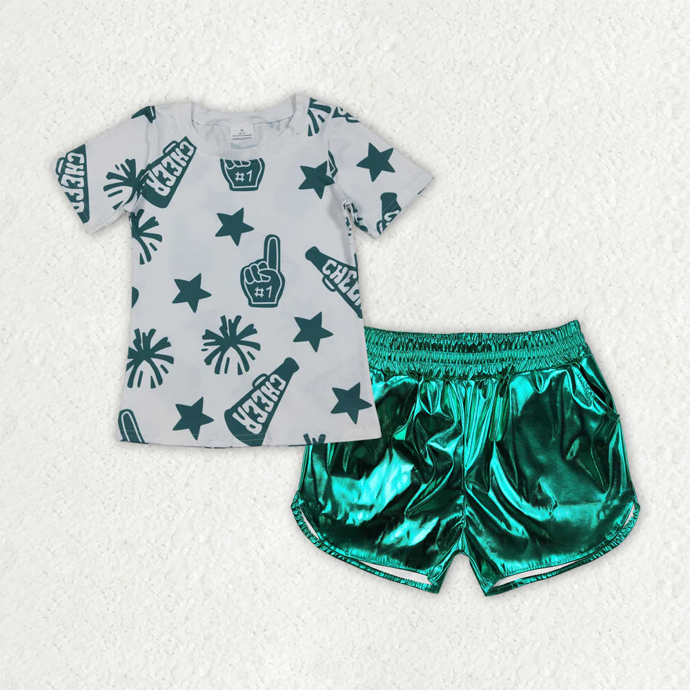 Baby Girl Short Sleeves Cheer Shirt Leather Shorts Set Sibling Summer Team Clothes RTS