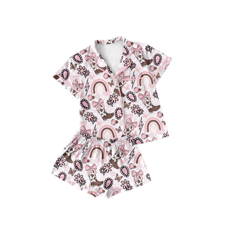 Preorder Baby Girl Western Bows Flower Boots Buttons Pocket Shirt Shorts Pajamas Set ( Moq 5 )