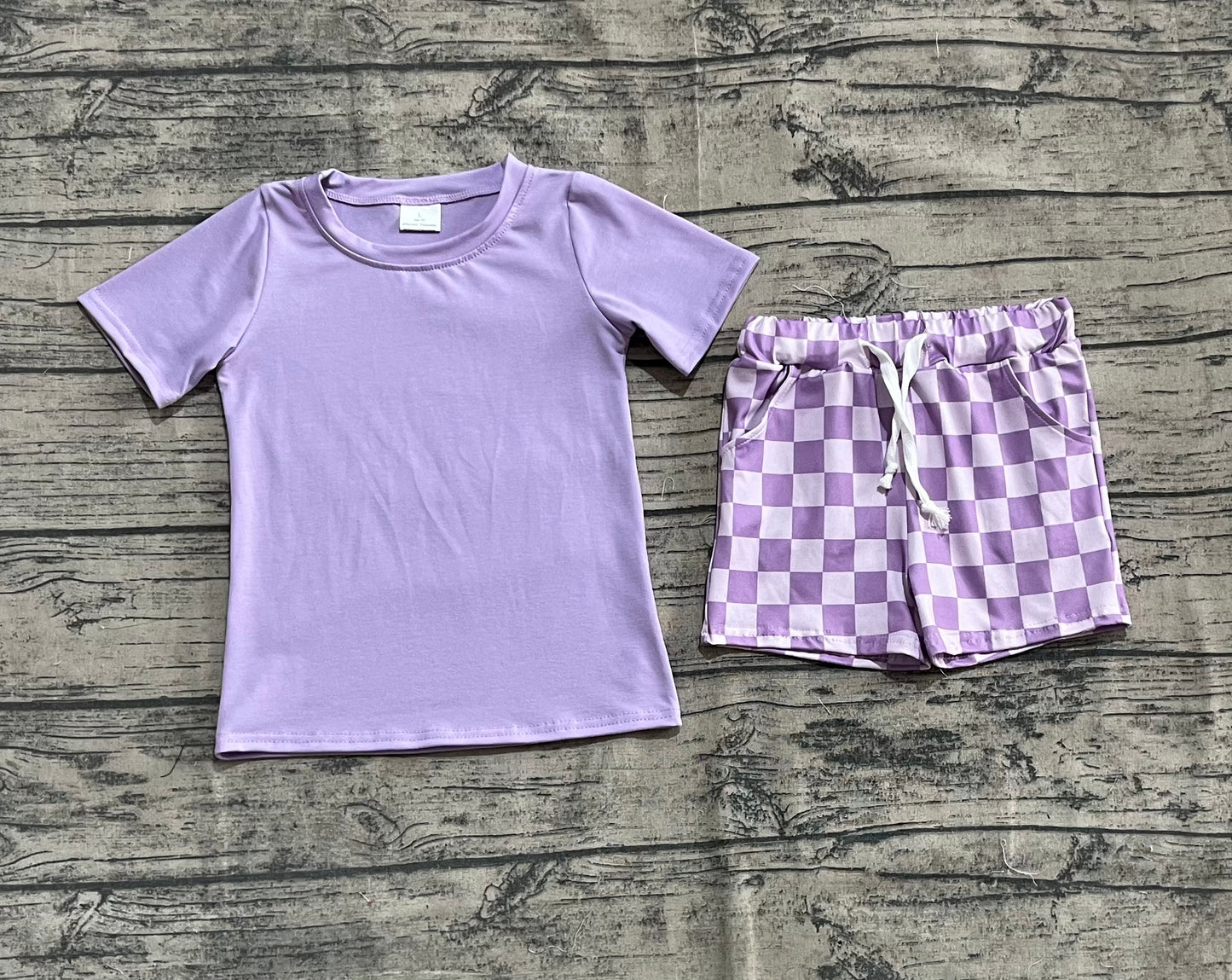 Baby Kids Toddler Short Sleeves Purple Shirt Checked Shorts Set RTS