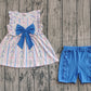 Baby Girl Sleeveless Floral Stripes Bow Tunic Blue Ruffle Shorts Summer Set RTS