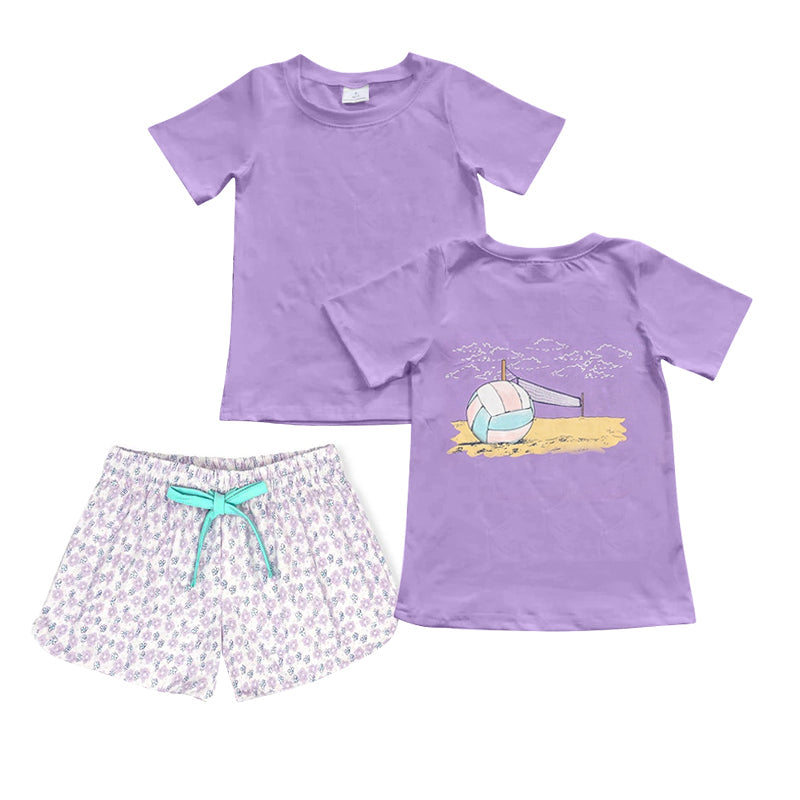 Preorder Baby Girl Short Sleeves Ball Purple Shirt Floral Shorts Set ( Moq 5 )