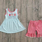 ( No moq ) Preorder Baby Girl Sleeveless Blue Tunic Red Plaid Ruffle Shorts Set