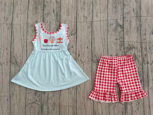 ( No moq ) Preorder Baby Girl Sleeveless Blue Tunic Red Plaid Ruffle Shorts Set