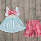 ( No moq ) Preorder Baby Girl Sleeveless Blue Tunic Red Plaid Ruffle Shorts Set