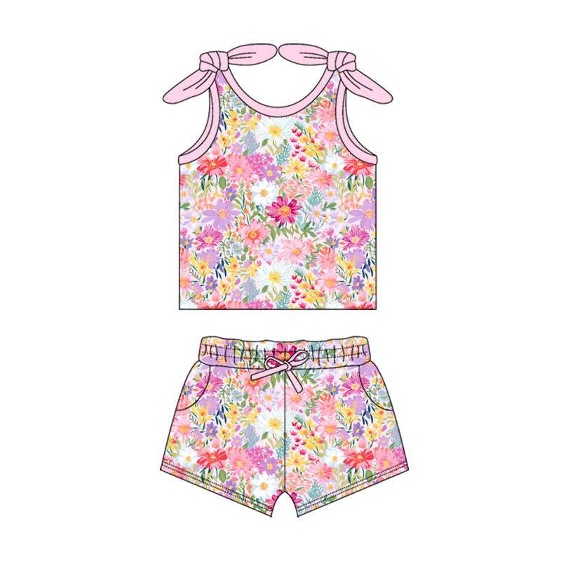 Baby Girl Straps Bows Flower Tops Pockets Shorts Set RTS