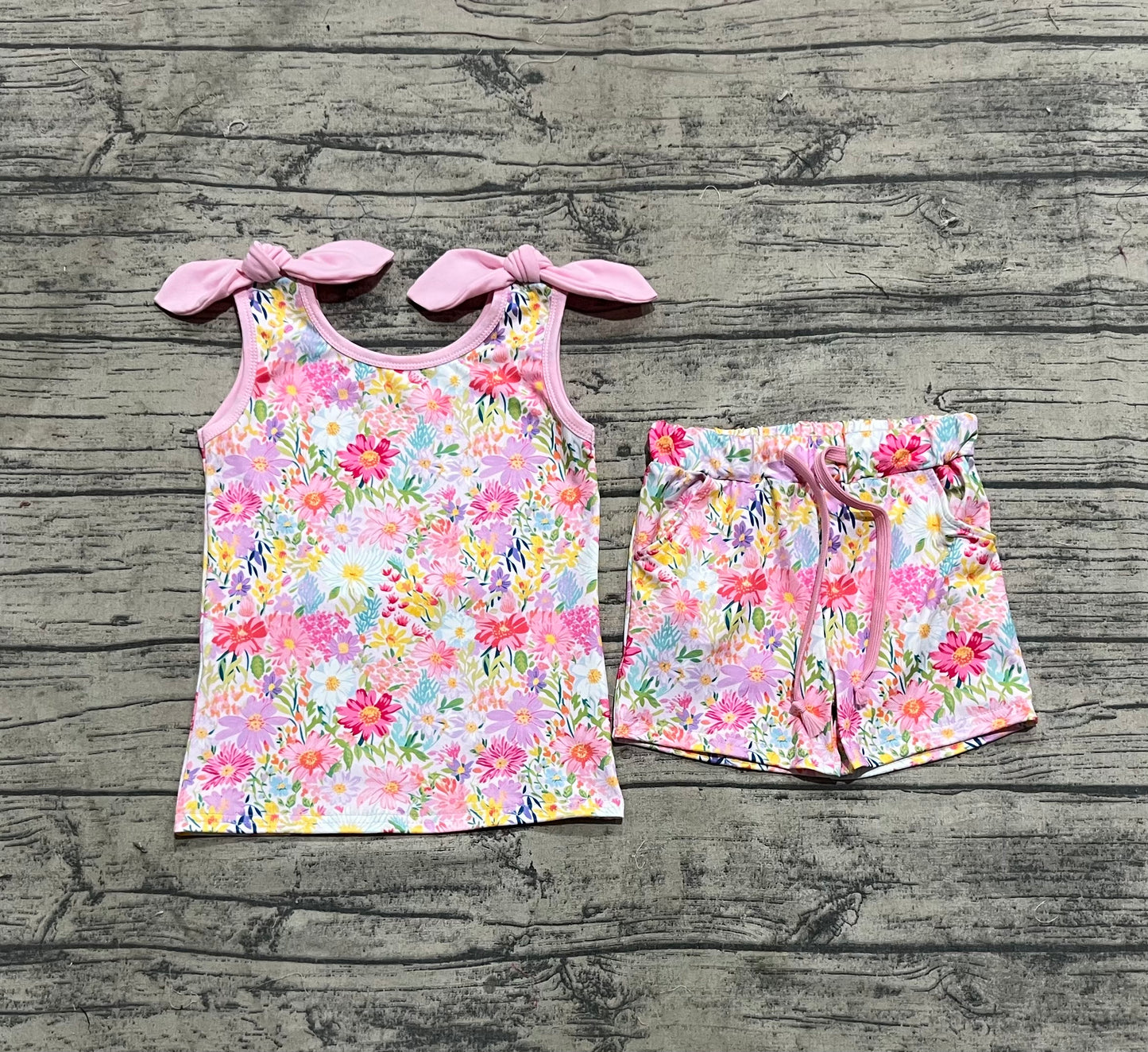 Baby Girl Straps Bows Flower Tops Pockets Shorts Set RTS