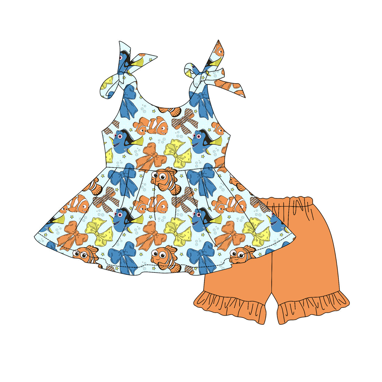 Preorder Baby Girl Straps Cartoon Fish Bows Tunic Orange Ruffle Shorts Set  ( Moq 5 )