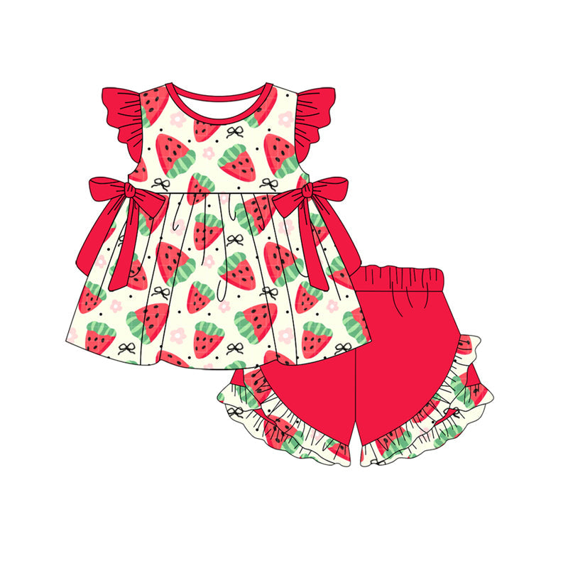 Preorder Baby Girl Short Sleeves Bows Strawberry Tunic Red Ruffle Short Set ( Moq 5 )
