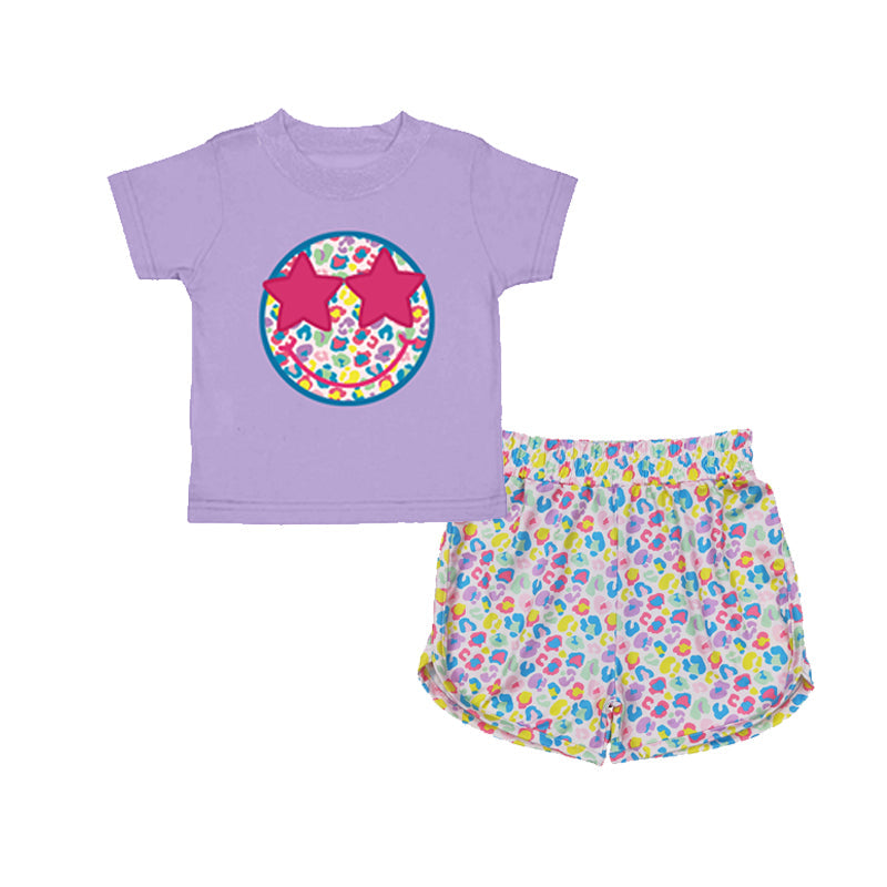 Preorder Baby Girl Purple Short Sleeves Smile Shirt Leopard Shorts Set ( Moq 5 )