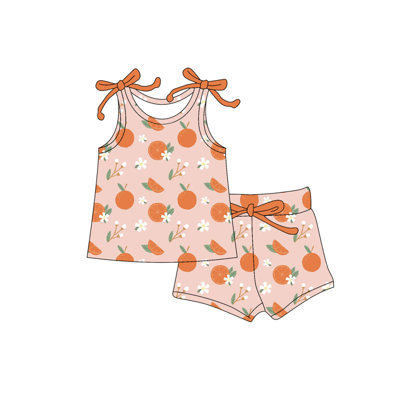 Preorder Baby Girl Bows Straps Orange Flower Tops Shorts Set ( Moq 5 )