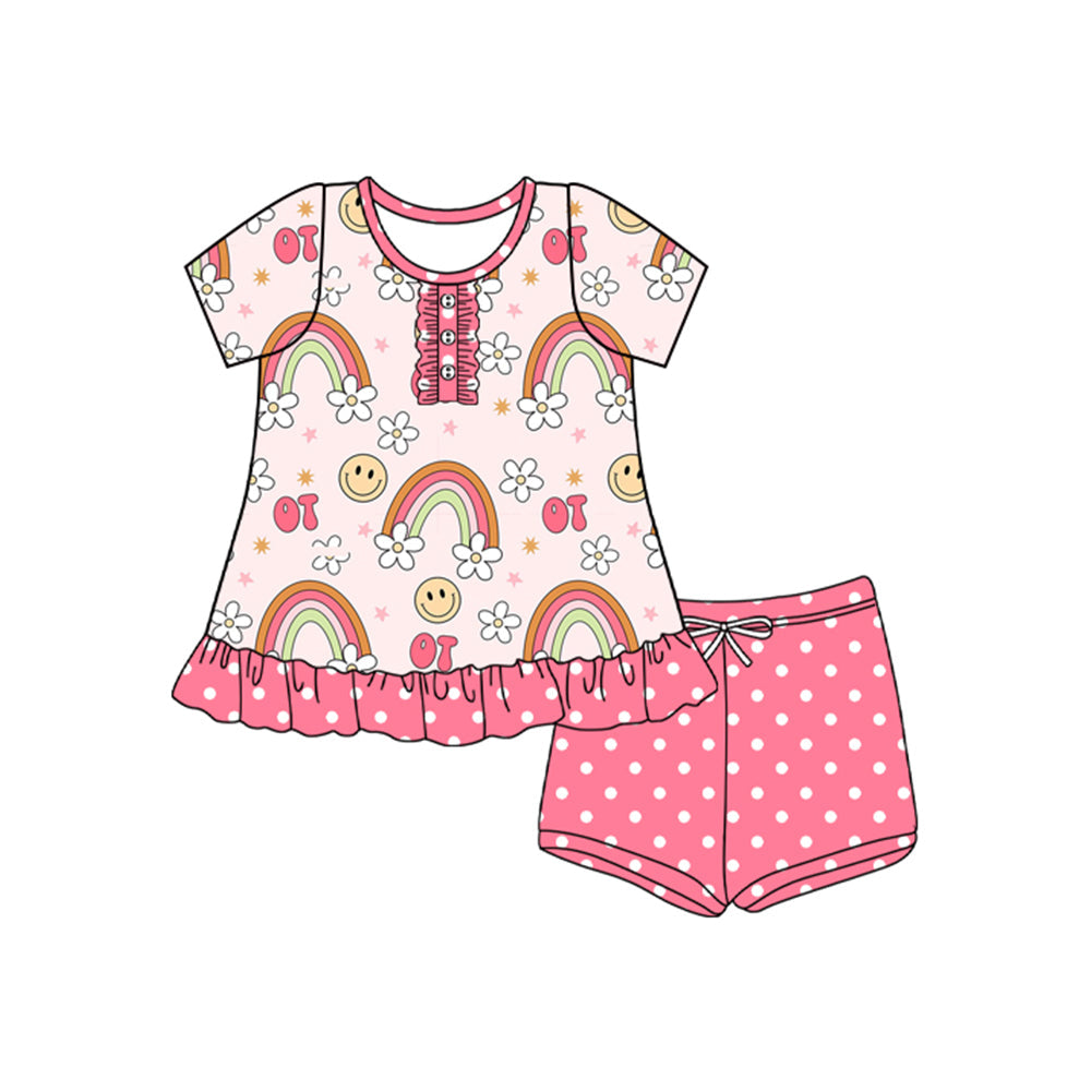 Preorder Baby Girl Short Sleeves Flower Smile Rainbow Tunic Dots Shorts Set  ( Moq 5 )