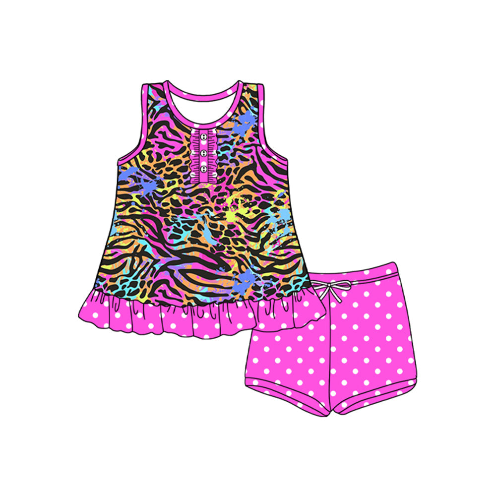 Preorder Baby Girl Sleeveless Colorful Leopard Buttons Tunic Dots Shorts Set ( Moq 5 )