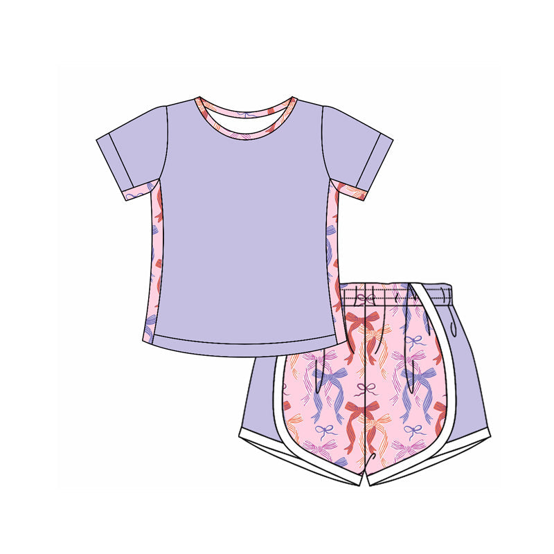 Preorder Baby Girl Purple Short Sleeves Shirt Bows Shorts Set ( Moq 5 )