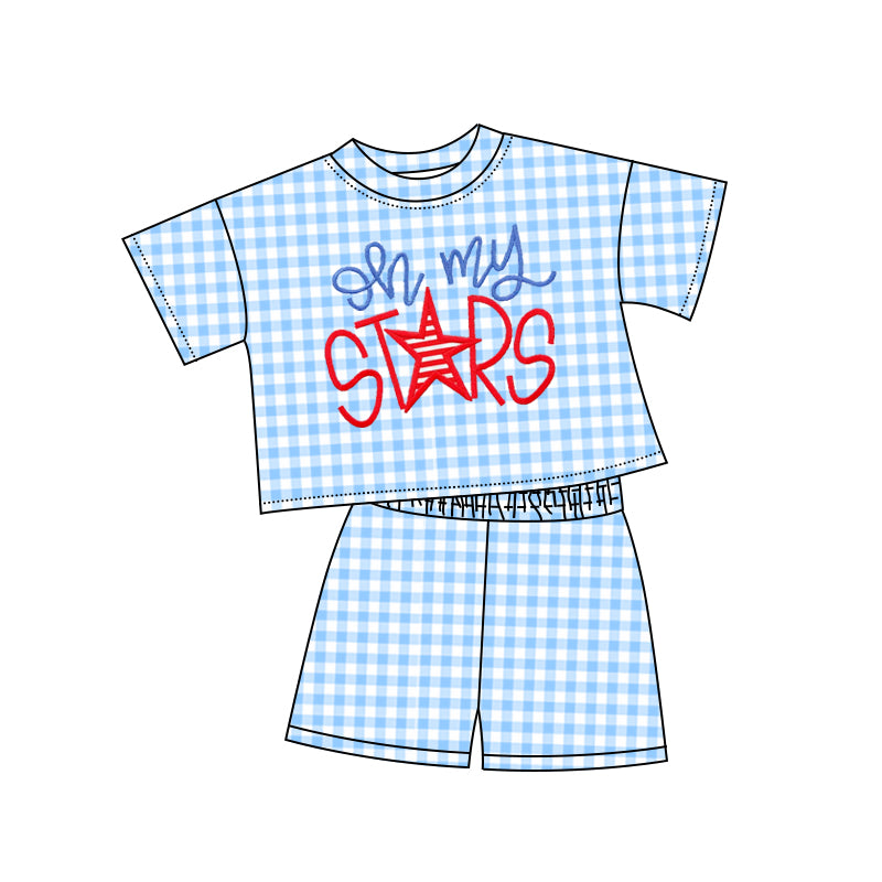 Preorder Baby Girl Blue Plaid Stars Shirt Shorts 4th Of July Pajamas Set ( Moq 5 )