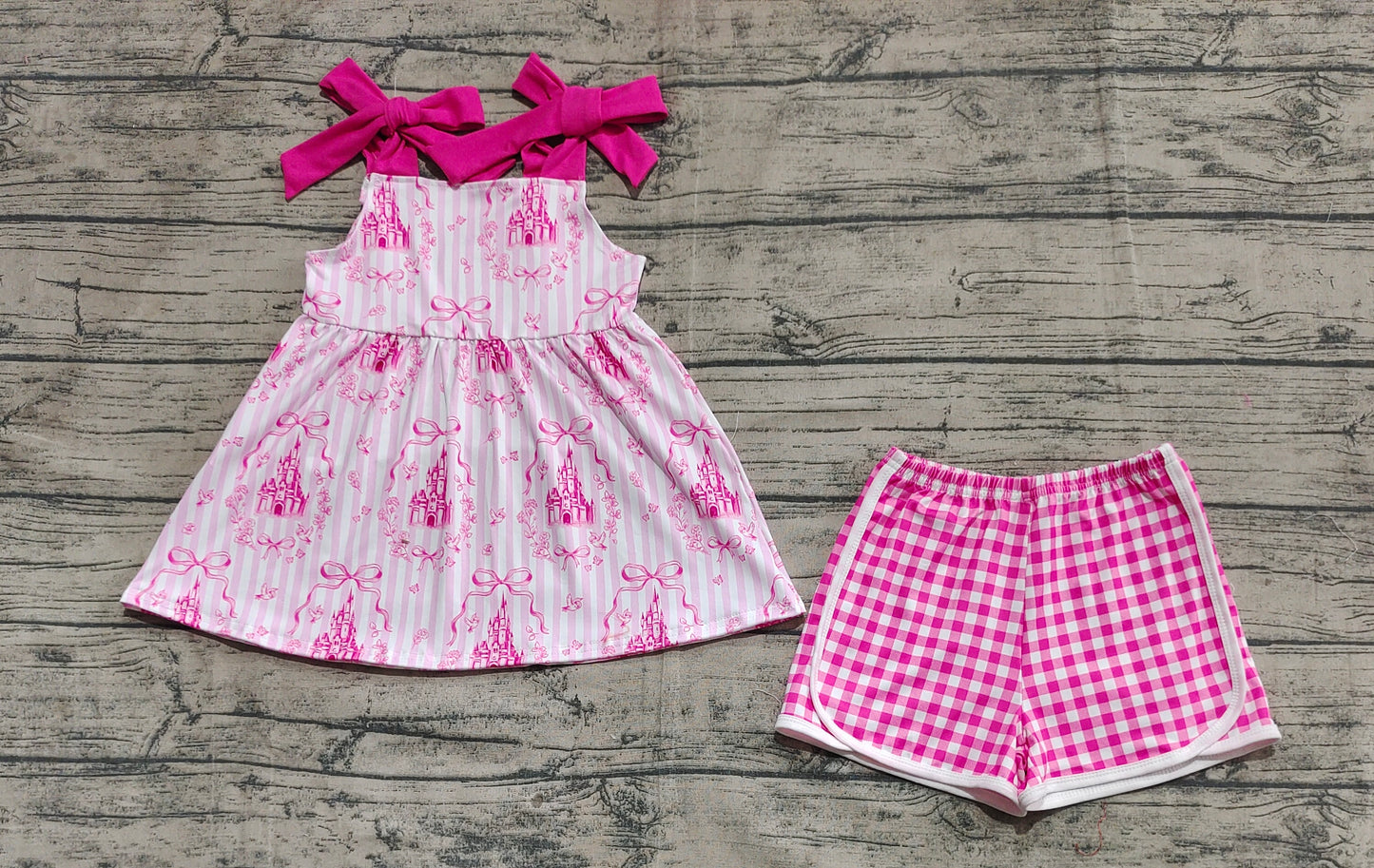 Baby Girl Straps Castles Bows Flower Tunic Plaid Shorts Pink Set RTS