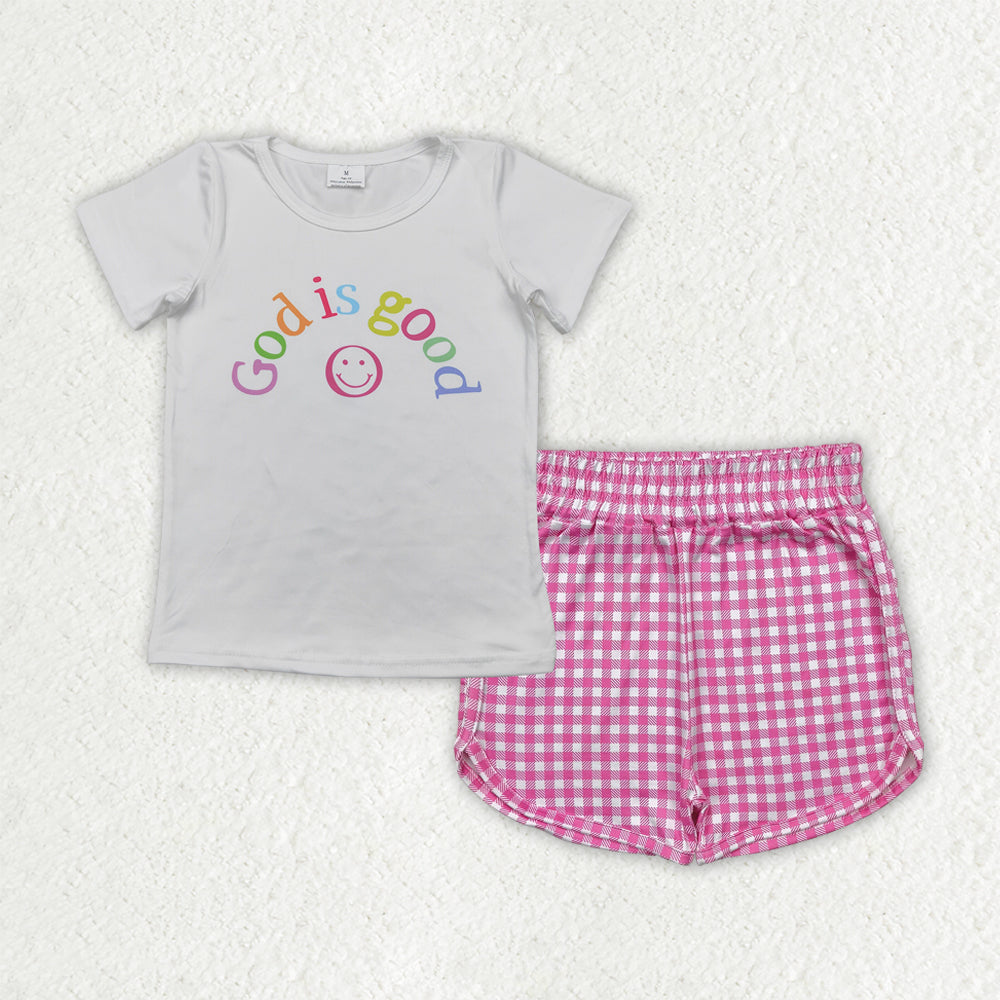 Baby Girl Short Sleeves Smile Shirt Plaid Shorts Set RTS