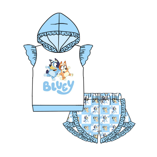 Preorder Baby Girl Short Sleeves Cartoon Dogs Blue Hoodie Shirt Ruffle Shorts Set ( Moq 5 )