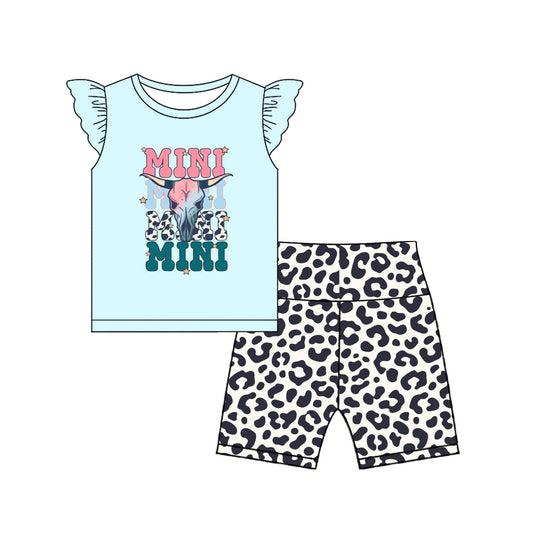 Preorder Baby Girl Western Cow Short Sleeves Mini Shirt Leopard Shorts Set ( Moq 5 )
