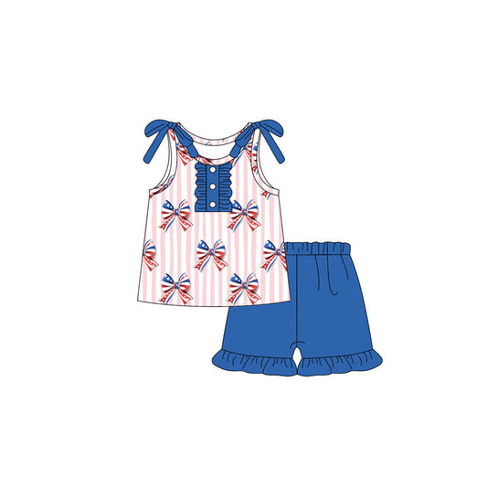 Preorder Baby Girl Sleeveless Buttons Bows Shirt Blue Shorts 4th Of July Set ( Moq 5 )