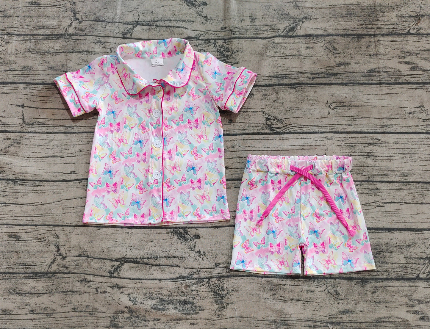 Baby Girl Short Sleeves Colorful Butterfly Buttons Shirt Shorts Pajamas Set RTS