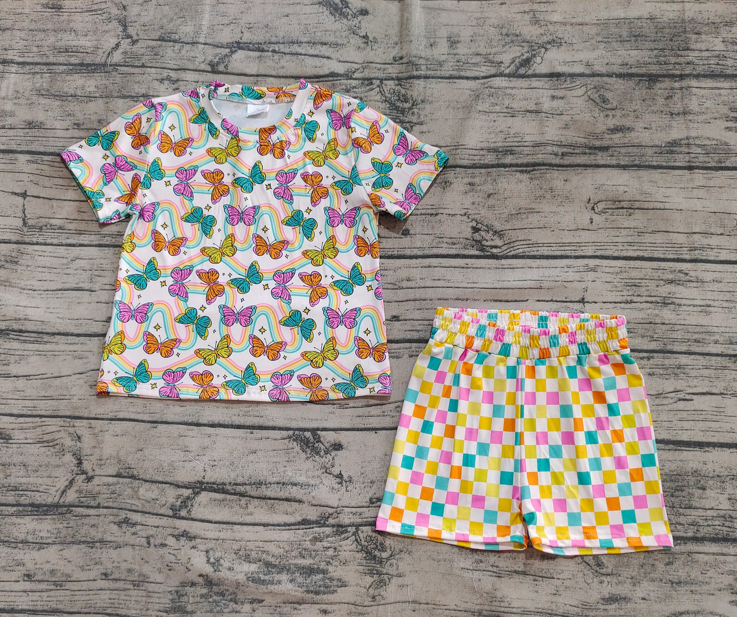 Baby Girl Short Sleeves Butterfly Rainbows Tops Checked Shorts Pajamas Set RTS
