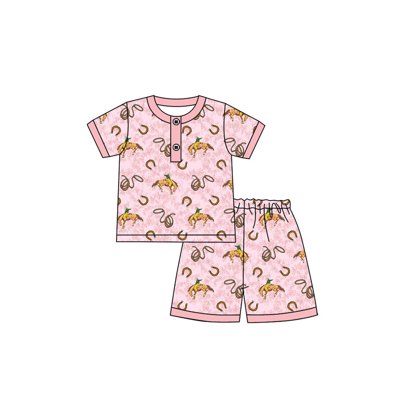 Preorder Baby Girl Short Sleeves Rodeo Buttons Shirt Short Pajamas Western Set ( Moq 5 )