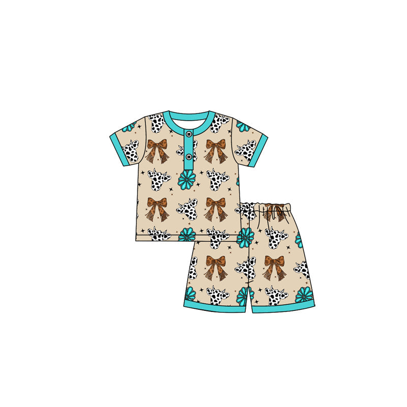 Preorder Baby Girl Short Sleeves Bows Cow Buttons Shirt Shorts Western Pajamas Sets ( Moq 5 )