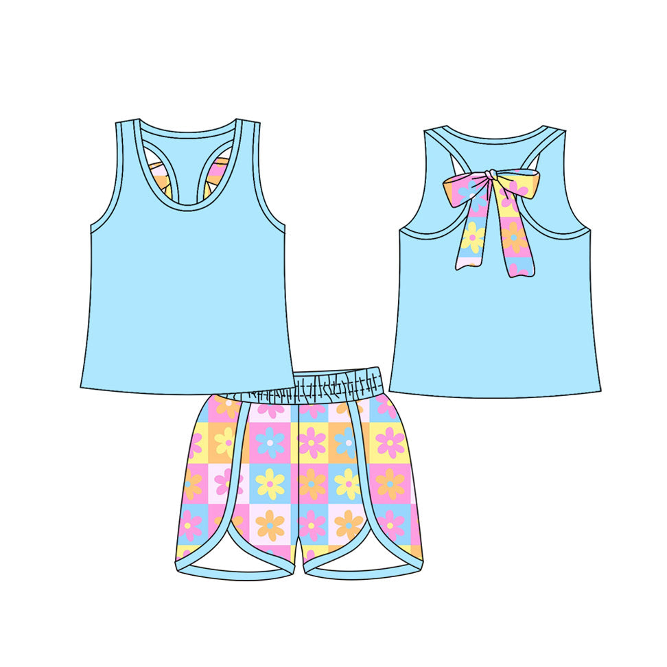 Preorder Baby Girl Blue Sleeveless Bow Vest Tops Flower Plaid Shorts Set ( Moq 5 )