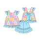 Baby Girl Short Sleeves Flower Plaid Bow Tunic Ruffle Blue Shorts Set RTS