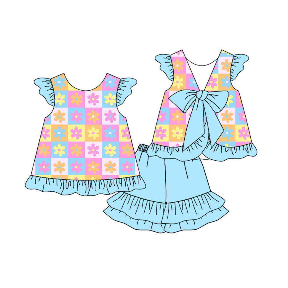 Baby Girl Short Sleeves Flower Plaid Bow Tunic Ruffle Blue Shorts Set RTS