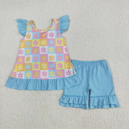 Baby Girl Short Sleeves Flower Plaid Blue Bows  Sibling Romper Set RTS
