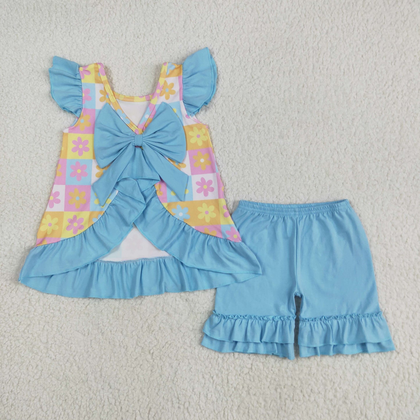 Baby Girl Short Sleeves Flower Plaid Blue Bows  Sibling Romper Set RTS