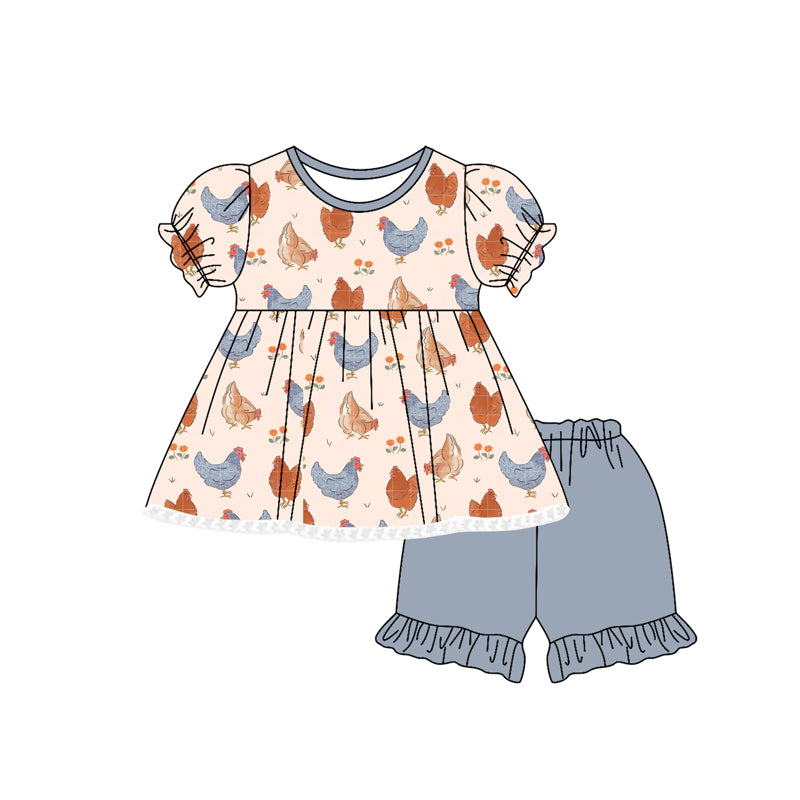 Preorder Baby Girl Short Sleeves Chicken Flower Tunic Shorts Set ( Moq 5 )